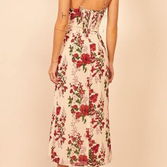 Reformation Kourtney Red Green Floral Woven Sleeveless Midi Dress Slit Size 8 - Picture 3 of 10